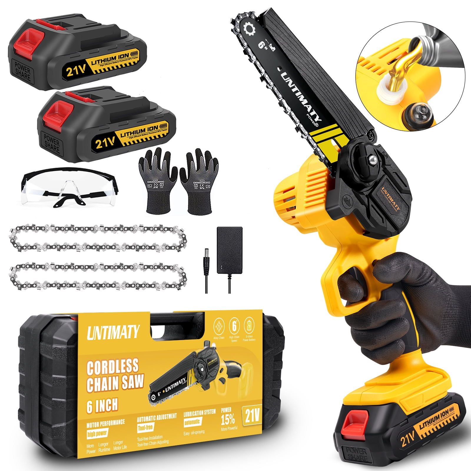 Electric Cordless Chainsaw with 2 x 3500 mAh Batteries and Fast Charger 4  Inch chain 800W 600RPM - Tydeey