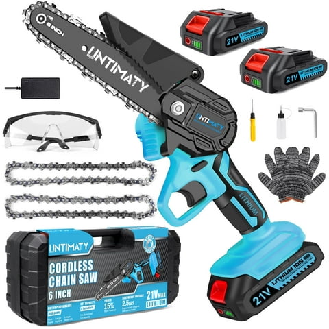 UNTIMATY 6 inch Mini Chainsaw with 2 Batteries and Case Cordless Electric Handheld Chain Saw Battery Powered for Wood and Tree Branches, Blue