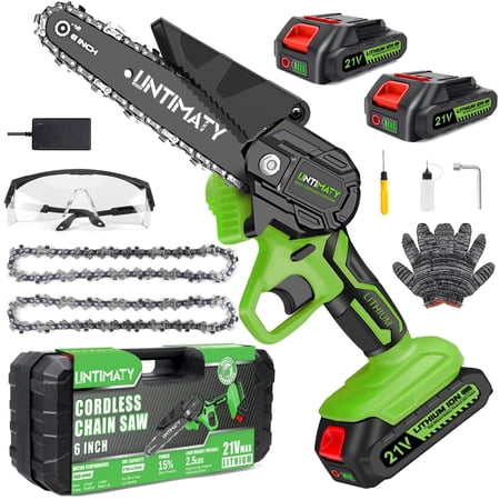 UNTIMATY 6 inch Mini Chainsaw with 2 Batteries and Case Cordless Electric Handheld Chain Saw Battery Powered for Wood and Tree Branches, Green