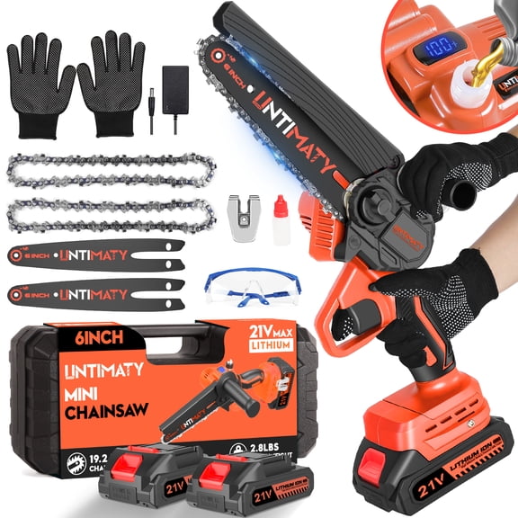 UNTIMATY Mini Chainsaw 6 Inch, 21V Cordless Electric Chainsaw with 2 Batteries & 2 Chains, Safety Lock, Handheld Chain Saw for Tree Trimming Wood Cutting Pruning