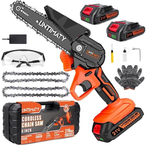 UNTIMATY 6 inch Mini Chainsaw with 2 Batteries and Case Cordless Electric Handheld Chain Saw Battery Powered for Wood and Tree Branches, Orange