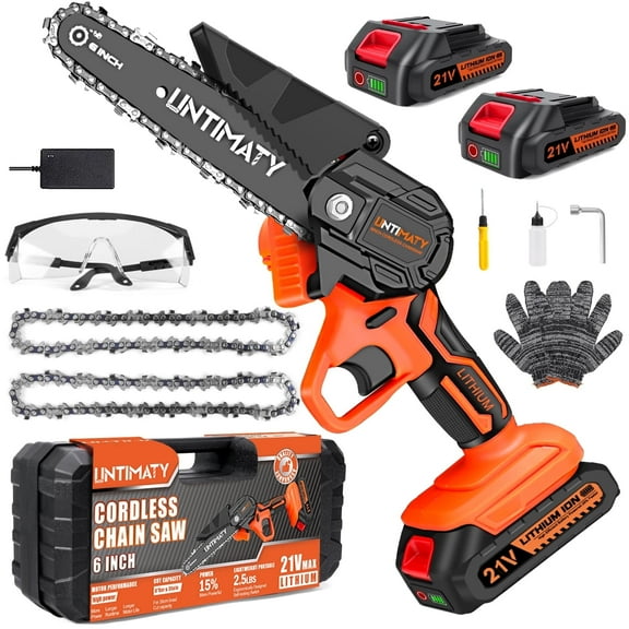 UNTIMATY 6 inch Mini Chainsaw with 2 Batteries and Case Cordless Electric Handheld Chain Saw Battery Powered for Wood and Tree Branches, Orange