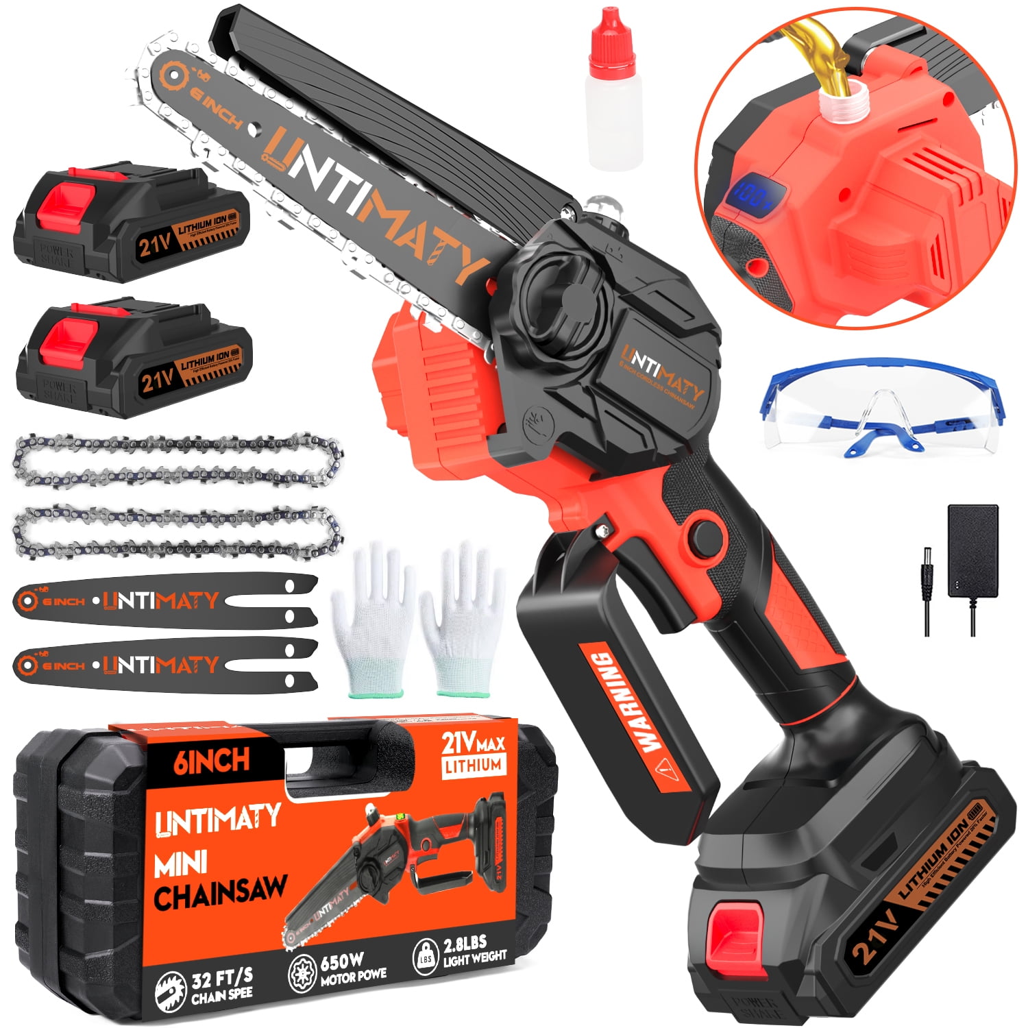 UNTIMATY Mini Chainsaw 6 inch Cordless Handheld Electric Chain Saw with 2 Batteries and Charger for Trees and Wood, Blue