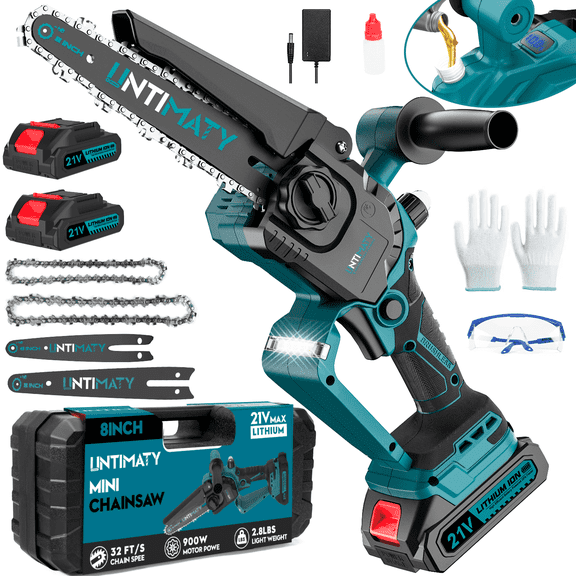 UNTIMATY Mini Chainsaw 6 & 8 inch Cordless Handheld Electric Chain Saw with 2 Batteries and Charger for Trees and Wood, Blue