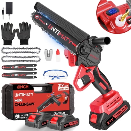 UNTIMATY 6 inch Mini Chainsaw with 2 Batteries Cordless Handheld Chain Saw for Wood Cutting Tree Trimming, Red