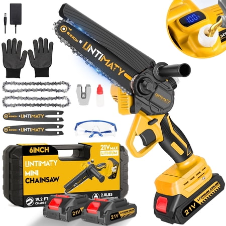 UNTIMATY 6 inch Mini Chainsaw with 2 Batteries Cordless Handheld Chain Saw for Wood Cutting Tree Trimming, Yellow