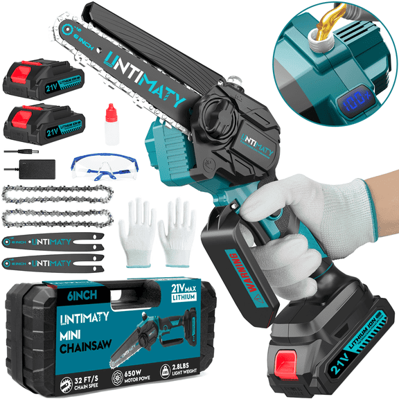 UNTIMATY 6 inch Cordless Mini Chainsaw with 2 Batteries Portable Handheld Electric Chain Saw for Tree Trimming and Wood Cutting, Blue