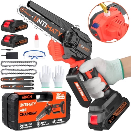 UNTIMATY 6 inch Cordless Mini Chainsaw with 2 Batteries Portable Handheld Electric Chain Saw for Tree Trimming and Wood Cutting, Orange
