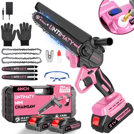 UNTIMATY 6 inch Mini Chainsaw with 2 Batteries Cordless Handheld Chain Saw for Wood Cutting Tree Trimming, PINK