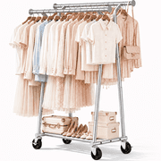 UNTIMATY 600 LBS Heavy Duty Clothes Rack with Wheels, Double Rod Rolling Garment Rack with Bottom Shelf for Bedroom, Laundry Room and Closet, Silver