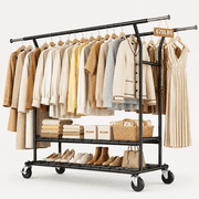 UNTIMATY 670 lbs Heavy Duty Clothes Rack with Wheels and Adjustable Double Rods Stainless-Steel Garment Rack with Mesh Shelf and Adjustable Height Clothes Drying Rack, 75"L×70"H×23"W