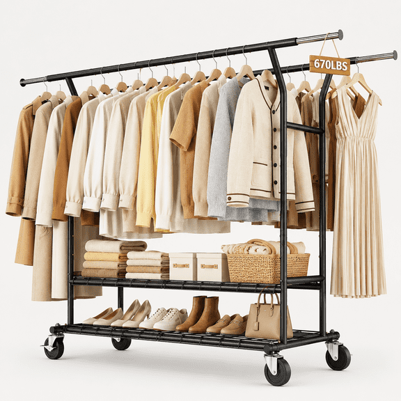 UNTIMATY 670 lbs Heavy Duty Clothes Rack with Wheels and Adjustable Double Rods Stainless-Steel Garment Rack with Mesh Shelf and Adjustable Height Clothes Drying Rack, 75"L×70"H×23"W