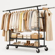 670 lbs Heavy Duty Clothes Rack with Wheels and Adjustable Double Rods Stainless-Steel Garment Rack with Mesh Shelf and Adjustable Height Clothes Drying Rack, 75"L×70"H×23"W