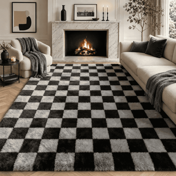 ZRSDIXK 8'x10' Area Rugs for Living Room, Large Shag Fluffy Rug Checkered Carpet, Black & Gray