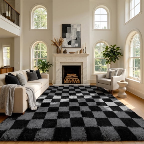 UNTIMATY 8'x10' Area Rugs for Living Room, Large Shag Fluffy Rug Checkered Carpet, Black & Gray