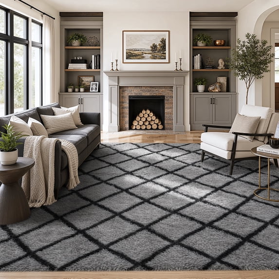 8'x10' Large Shag Area Rug, Modern Diamond Pattern Fluffy Plush Soft Indoor Carpet, Non Slip Thick High Pile Fuzzy Shaggy Rug for Living Room Bedroom Dining Room Office Home Decor, Black & Gray