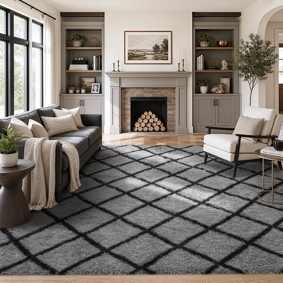 8'x10' Large Shag Area Rug, Modern Diamond Pattern Fluffy Plush Soft Indoor Carpet, Non Slip Thick High Pile Fuzzy Shaggy Rug for Living Room Bedroom Dining Room Office Home Decor, Black & Gray