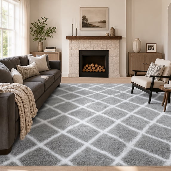 UNTIMATY 8'x10' Large Shag Area Rugs for Living Room Bedroom, Gray & White
