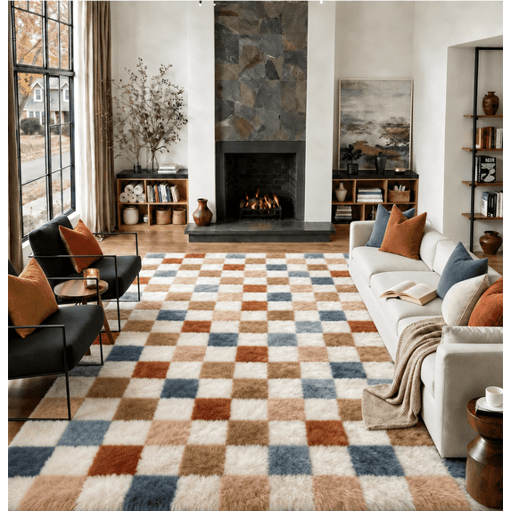 ZRSDIXK 8'x10' Washable Shag Area Rugs for Living Room Bedroom Dinning Room Large Checkered Soft Fluffy Modern Fuzzy Plush Soft Rugs Carpets, Multicolor