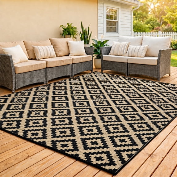 UNTIMATY 8'×10' Outdoor Rug Waterproof Patio Carpet Outdoor Area Rug Large Plastic Straw Mat for RV Camping Porch Deck Balcony, Black and Beige