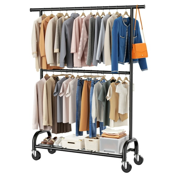 UNTIMATY Heavy Duty Clothing Garment Rack, 560LBS Freestanding Clothes Racks for Hanging Adjustable Double Rod 1 Shelf, Black