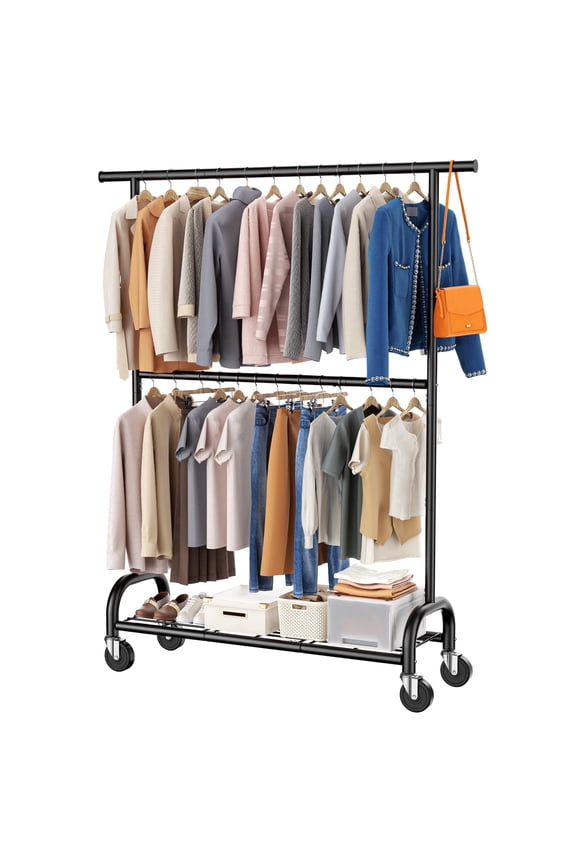 Heavy Duty Clothing Garment Rack, 560LBS Freestanding Clothes Racks for Hanging Adjustable Double Rod 1 Shelf, Black