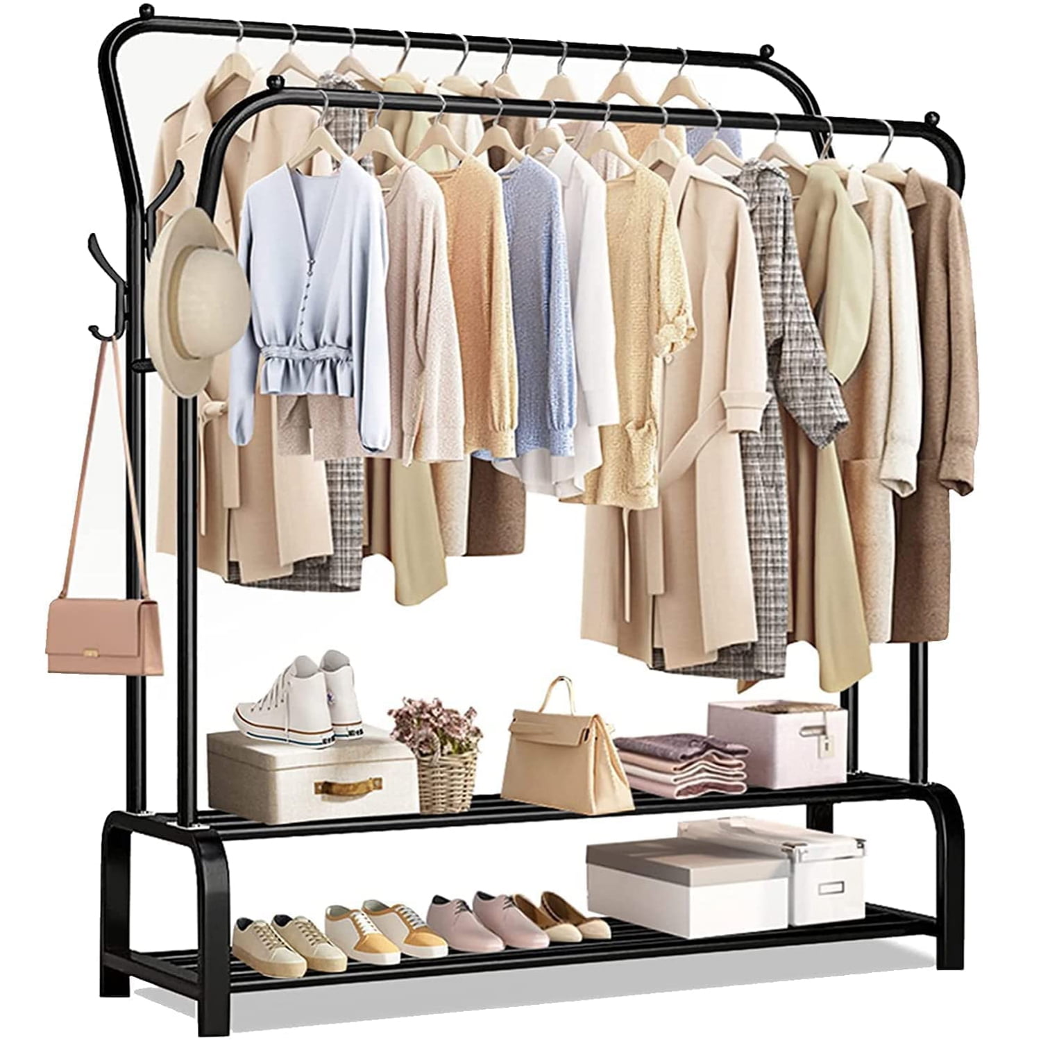 UNTIMATY Commercial Heavy Duty Garment Rack Double Rail Steel Clothes Stand with 8 Hangers and 2 Shoe Shelves Black Walmart