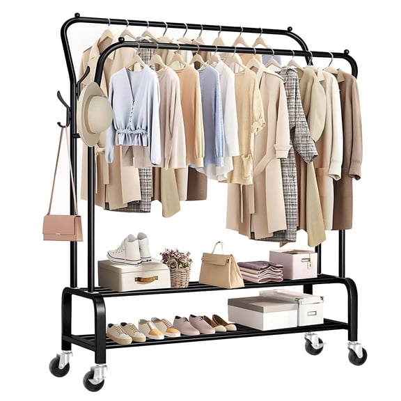 UNTIMATY Heavy Duty Clothes Rack for Hanging Clothes, Metal Rolling Garment Clothing Racks with Wheels Double-Rod 8 Hangers 2 Shoe Shelves, Black