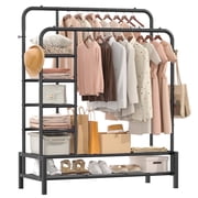 UNTIMATY Clothing Garment Rack Heavy Duty Freestanding Metal Double Rails Closet Clothes Rack with 2 Shoe Shelves and 4 Side Shelves, Black