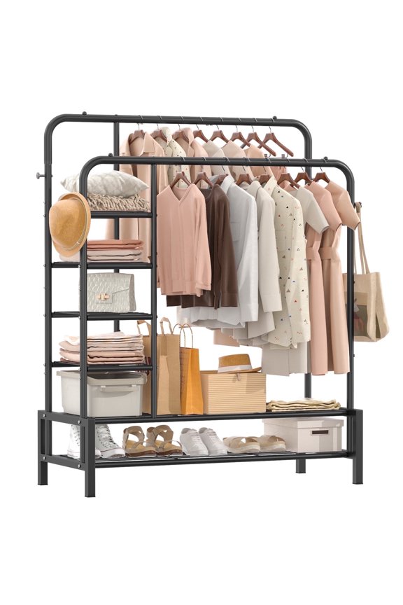 Clothing Garment Rack Heavy Duty Freestanding Metal Double Rails Closet Clothes Rack with 2 Shoe Shelves and 4 Side Shelves, Black