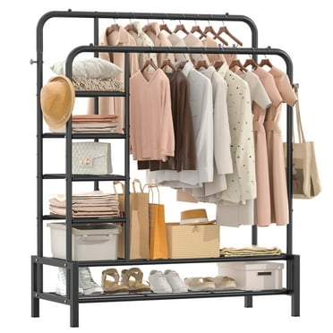 UNTIMATY Clothing Garment Rack Heavy Duty Freestanding Metal Double Rails Closet Clothes Rack with 2 Shoe Shelves and 4 Side Shelves, Black