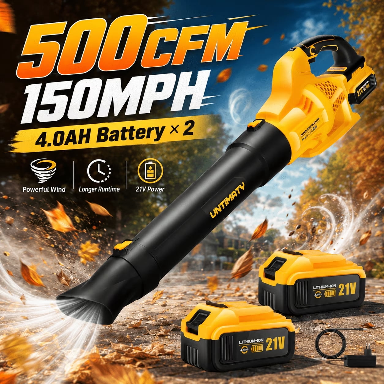 500CFM Cordless Leaf Blower for Lawn Care 2 x 4.0Ah Battery Powered Leaf Blower with 6 Variable Speeds
