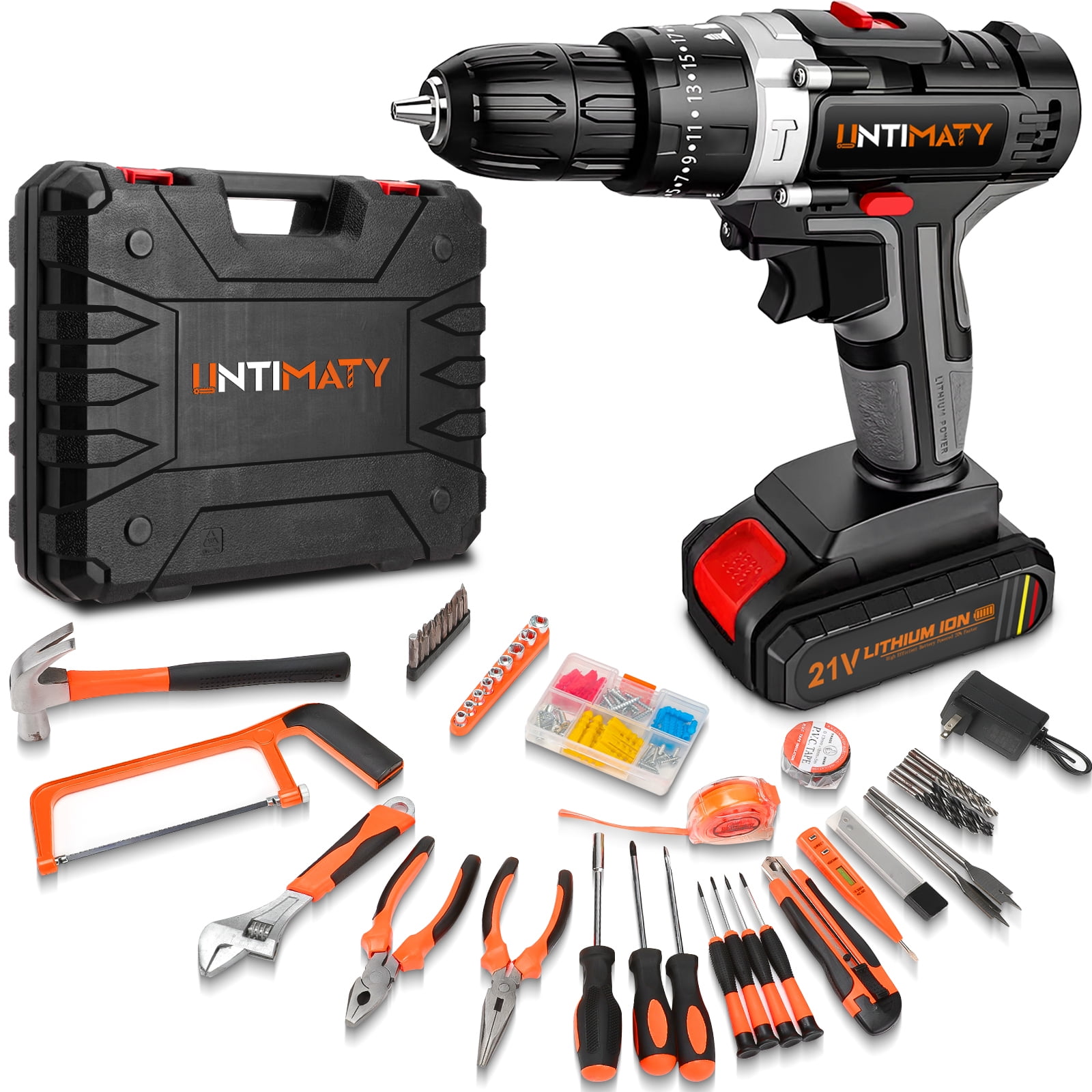 118PCS Tool Kit with 21V Cordless Drill(398in-lbs), UNTIMATY Home Tool Kit with 2.0Ah Battery x 2 & Charger for Repair Maintain Diy