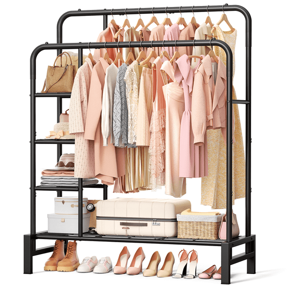 UNTIMATY Double Rod Clothes Rack with 4-Shelves Heavy Duty Freestanding Clothing Rack for Hanging Clothes, Portable Garment Rack - Closet Organizers and Bedroom Wardrobe Rack for Kids, Black