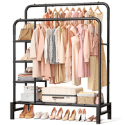 UNTIMATY Double Rod Clothes Rack with 4-Shelves Heavy Duty Freestanding Clothing Rack for Hanging Clothes, Portable Garment Rack - Closet Organizers and Bedroom Wardrobe Rack for Kids, Black