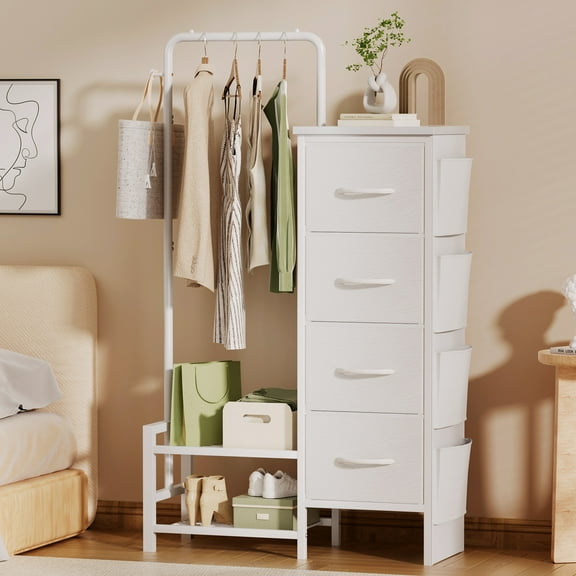 UNTIMATY Dresser with Hanging Rack White Fabric Dresser for Bedroom with Hanging Rack and 4 Drawers Dresser with Side Pockets