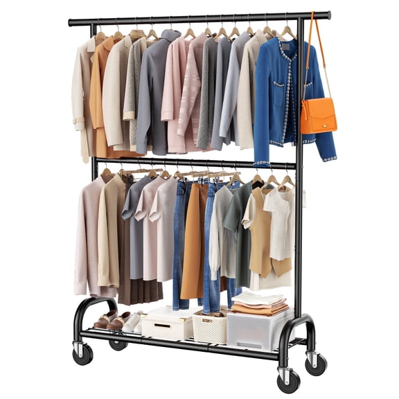 Open Box UNTIMATY Heavy Duty Clothing Garment Rack, 560LBS Freestanding Clothes Racks for Hanging Adjustable Double Rod 1 Shelf, Black