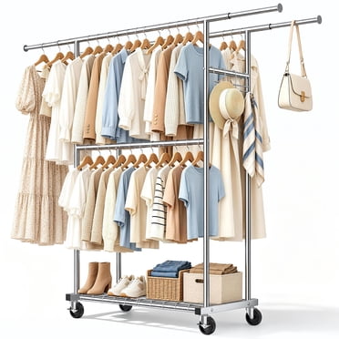 670 lbs Heavy Duty Clothes Rack with Wheels and Adjustable Double Rods ...