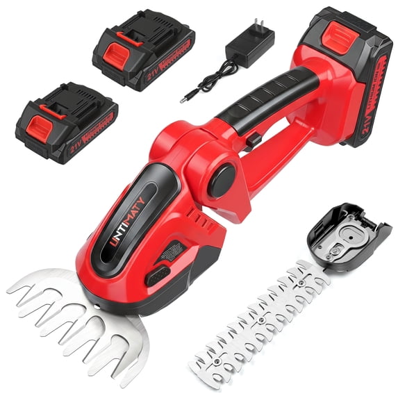 UNTIMATY Hedge Trimmer Cordless, 2 in 1 Handheld Electric Grass Trimmer, 21V Shrubbery Trimmer with 2 Batteries for Bush,Tree, Garden, Patio,Lawn,Red