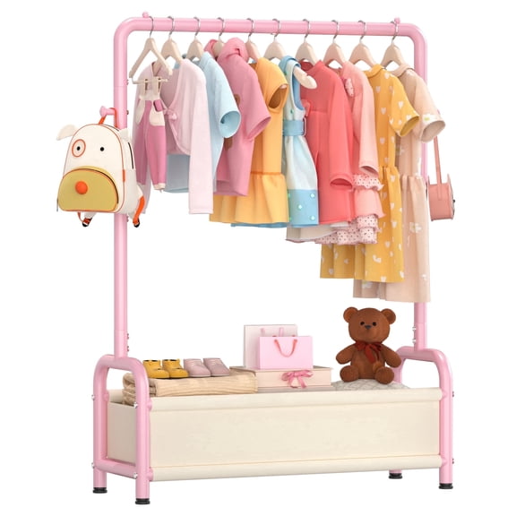 UNTIMATY Kids Clothing Rack with Storage Shelf, Baby Garment Rack for Hanging Clothes, Kids Dress Up Rack Storage for Coats with 2 Hangers, Pink