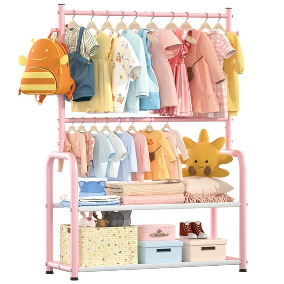 Kids Clothing Rack with Adjustable Hanging Rods and Storage Shelves, UNTIMATY Small Baby Garment Rack for Hanging Clothes, Toddler Dress Up Closet Organizer, Kids Wardrobe Storage Rack, Pink