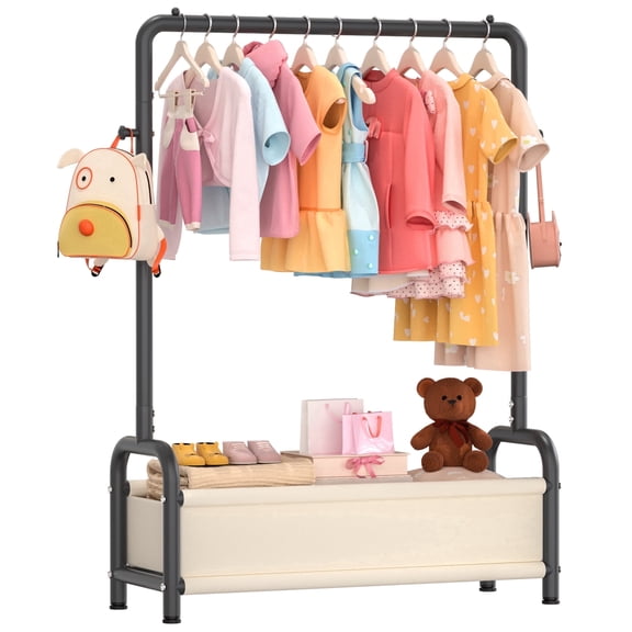 UNTIMATY Kids Clothing Rack with Storage Shelf, Baby Garment Rack for Hanging Clothes, Kids Dress Up Rack Storage for Coats with 2 Hangers, Black