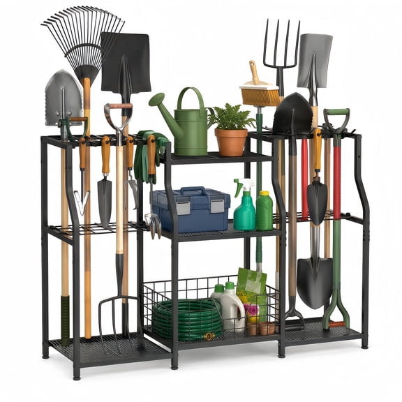 UNTIMATY Large Garden Tool Organizer with Shelves and Basket Heavy Duty Garden Tool Rack for Garage Shed and Yard Tool Storage
