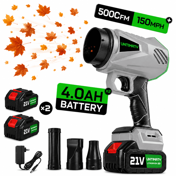 UNTIMATY Leaf Blower for Lawn Care 500 CFM 300K RPM Cordless Leaf Blower with 2 x 4.0Ah Battery, Charger, 4 Extension Tubes, Light Gray