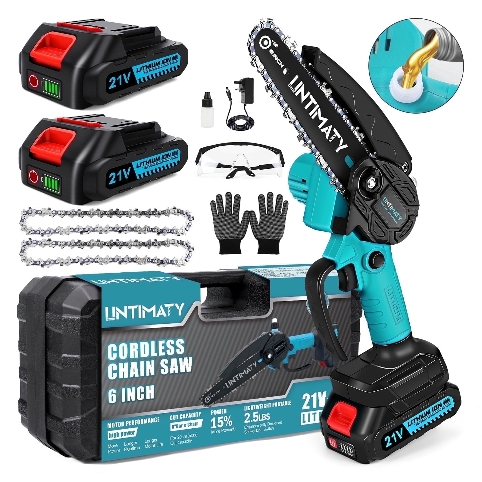 UNTIMATY Mini Chainsaw 6 inch Cordless Handheld Electric Chain Saw with 2 Batteries and Charger for Trees and Wood, Blue