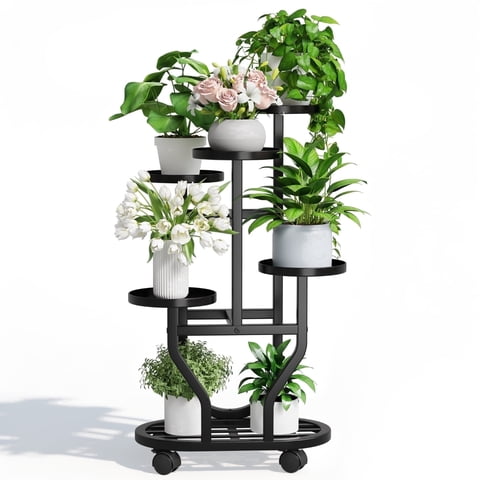 UNTIMATY Plant Stand, 6 Tiers Metal Plant Shelf with 4 Wheels Heavy Duty Flower Stands Flower Pot Holder Plant Rack for Indoor Outdoor, Black