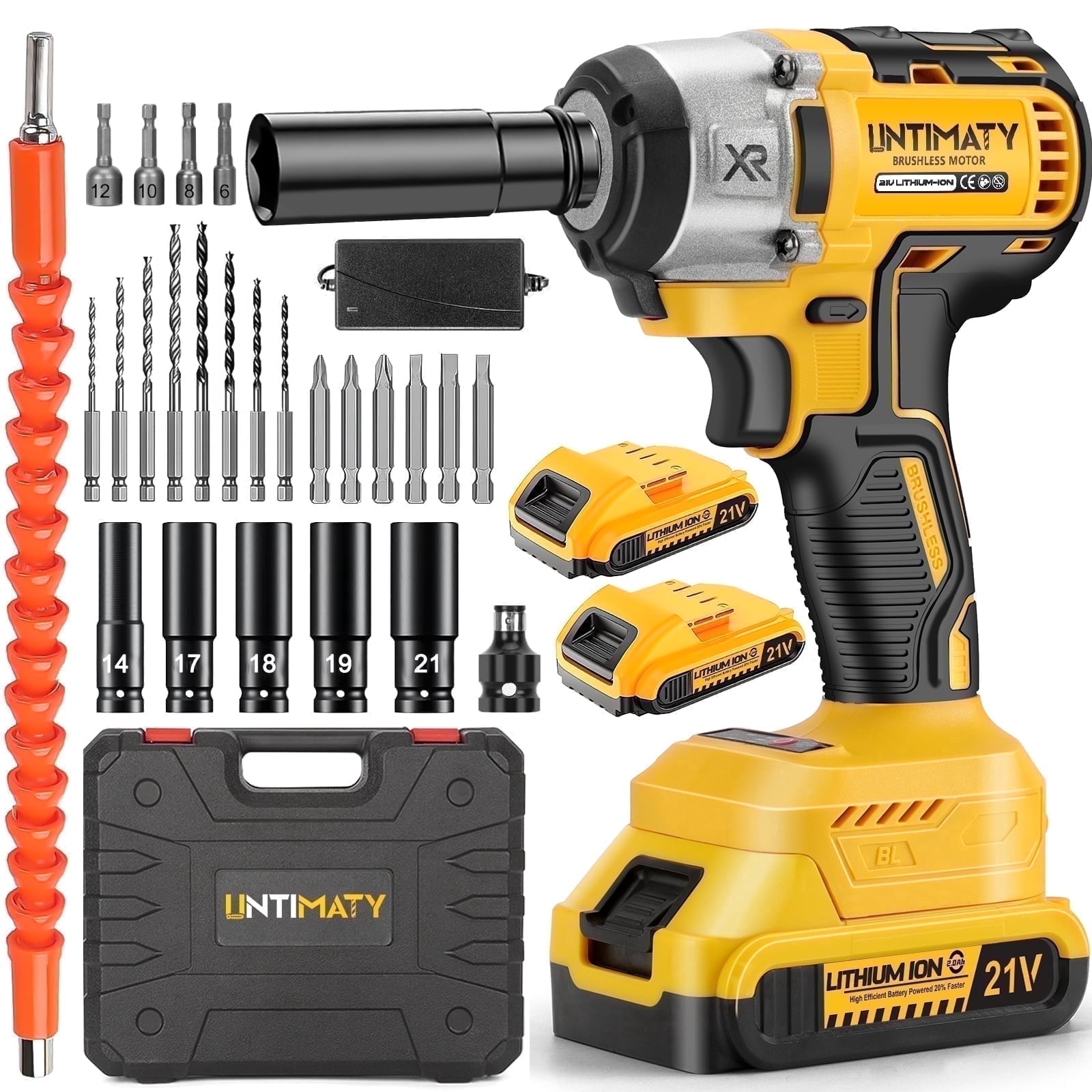 UNTIMATY Power Cordless Impact Wrench 1/2", 20V Impact Brushless Motor with 2 x 3.0A Batteries, 2-Mode Speed & Max Torque 280 ft lbs (380N.m), Impact Drill Tool Set with 5 Sockets,8 Drill,8 Screws