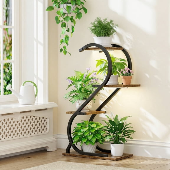 UNTIMATY 31" x 15" x 35" 4-Tier Black Metal S-Shaped Plant Stand with Grow Lights for Indoor Plants