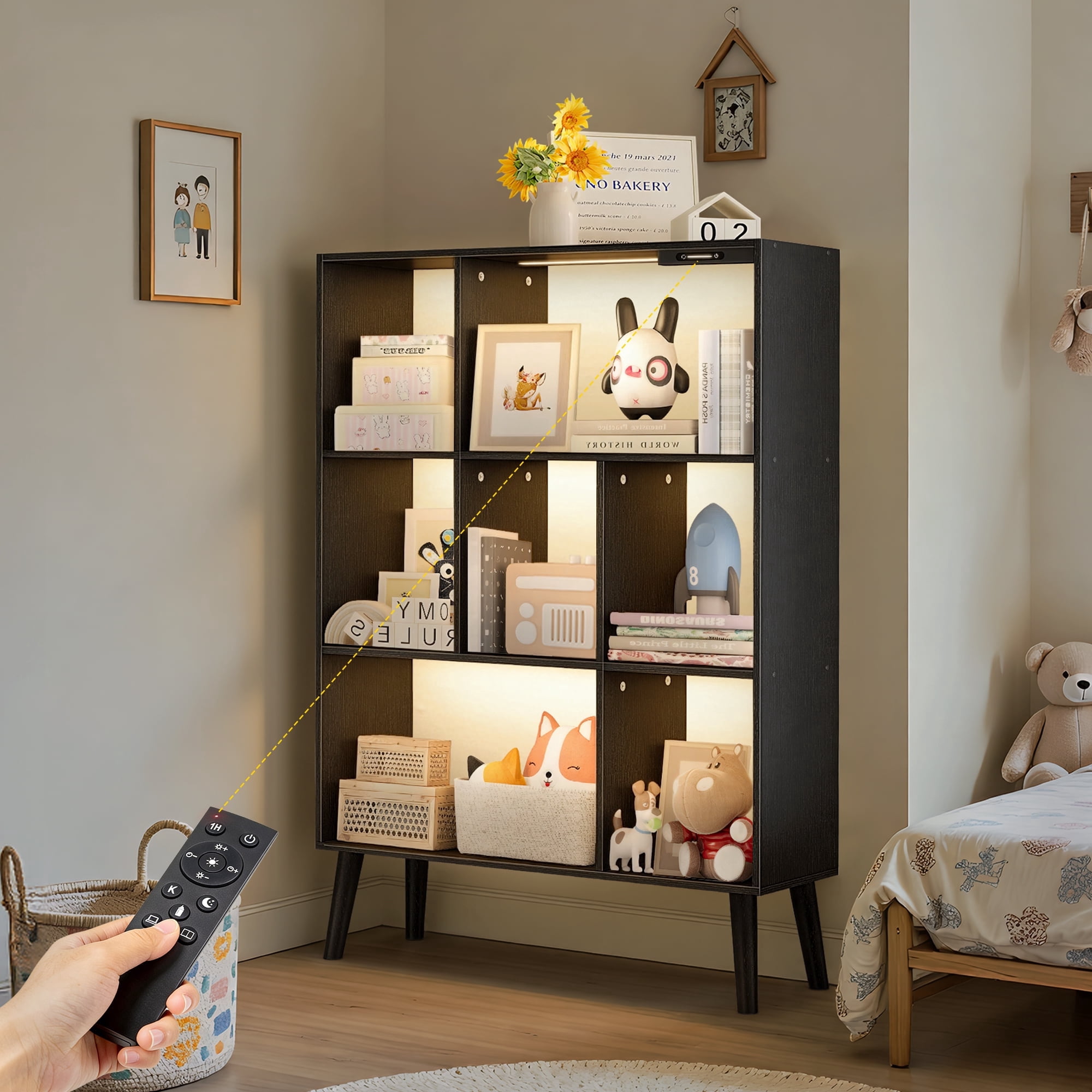 OUTONLIFE 7 Cube Storage Organizer,Open Bookshelf with Lights,Cube Storage Bookcase,Wood Bookcase for Living Room Office,Black
