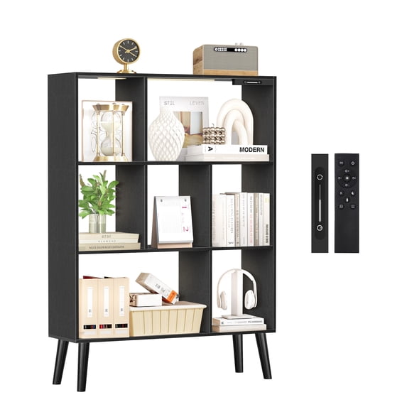 OUTONLIFE 7 Cube Bookcase, 3-Tier Open Wooden Bookshelf with Legs, Freestanding Storage Display Shelf for Living Room, Bedroom, Office, Black